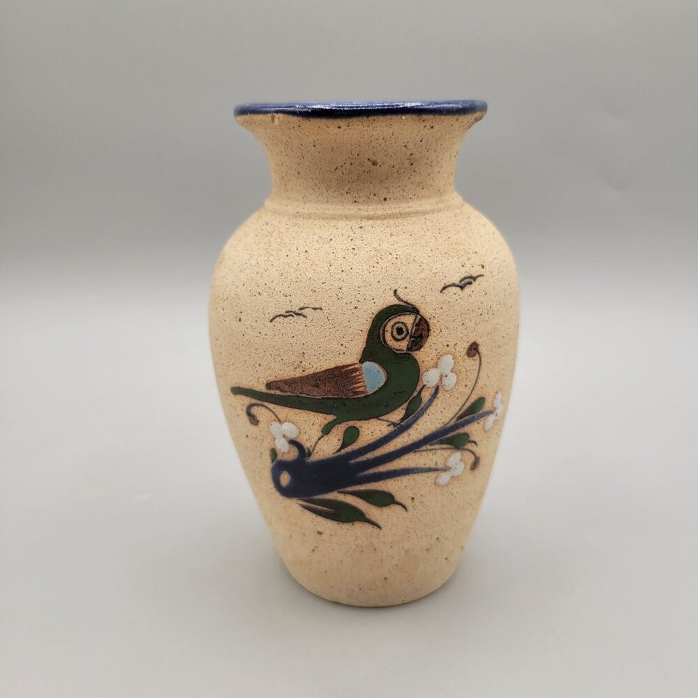 Mexican Tonala Pottery Vase Bird Flowers Folk Art Sandstone